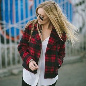 Gap Women’s Red & Black Plaid Wool Moto Jacket